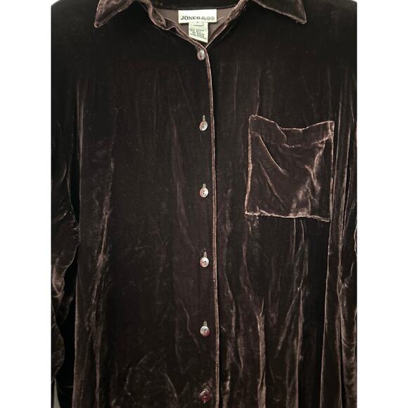 JONES & CO Vintage Silk Blend Chocolate Brown Velvet Oversized Button Down Top S - Picture 5 of 10